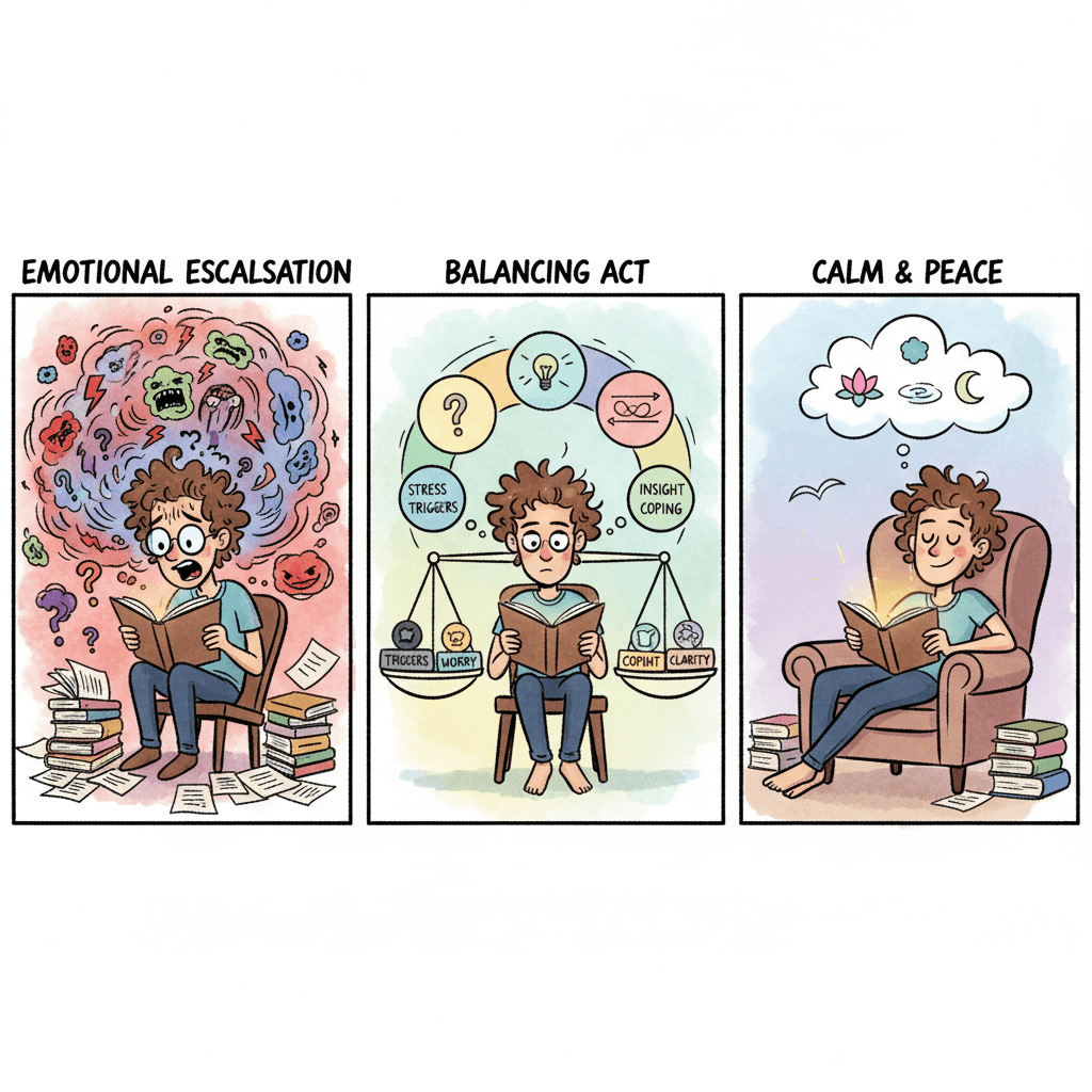 Three-panel illustration showing emotional escalation, balancing act, and calm